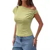 2026 Amazon Moda Transfronteriza Europea y Americana Camiseta de Manga Larga Acanalada Ajustada Asimétrica Hombros Descubiertos con Hebilla Metálica para Mujer