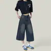Pantalones Acampanados Cortos Azul Oscuro Retro Americano para Mujer, Shorts de Mezclilla de Cintura Alta Nuevos de Moda, Pantalones Rectos Holgados de Largo Medio