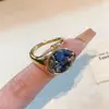 Anel Aberto Estilo Ins Europeu e Americano com Pedra Natural Inlaid à Mão Anel Boêmio de Pedra Turmalina Banhado a Cobre Ouro Real