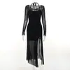 Vestido lencero halter puramente seductor para mujer, conjunto de dos piezas para el verano de chica hot, body ajustado a la cintura de malla + falda larga con abertura