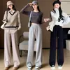 Calça de Toalha Grossa com Forro de Fleece 2026 Primavera Quente Casual Versátil Calça de Pernas Retas Cintura Alta Estilosa Calça de Pernas Largas para Mulheres