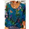 Outono e Inverno 2025 Europeu e Americano Transfronteiriço Amazon Wish Nova Exportação Camiseta Feminina de Manga Longa Estampada com Decote V Larga Solta para Mulheres