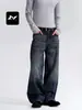 Pantalones casuales rectos ajustados de estilo vintage americano, color azul oscuro, con lavado de bigotes de gato y efecto desgastado, para hombres y mujeres