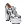 Nuevos Zapatos Británicos de Primavera y Otoño para Mujer Escama de Pez Lentejuelas Cordones Boca Profunda de una Sola Capa Plataforma de Agua Tacón Grueso Tacones Altos Zapatos de Escenario