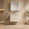 Gabinete de Baño Minimalista de Acero Inoxidable Color Blanco Crema Espejo con Iluminación Inteligente y Desempañador Almacenamiento para Maquillaje Lavabo Integrado de Cerámica