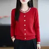 Cardigã de tricô estilo luxo transfronteiriço para mulheres, com fio brilhante, gola redonda e botões de pérola, perfeito para criar um look em camadas suave e elegante