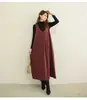 Vestido sin mangas de estilo japonés para otoño e invierno, corte holgado, con bolsillos, color liso, versátil y elegante, cuello en V, vestido largo para usar en capas