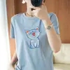 Camiseta de Algodón Mercerizado Bordada de Gato Estilo Universitario Juvenil Cuello Redondo Manga Corta Verano Versátil Top Elegante