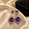 Brincos de Gota d'Água com Diamante Roxo Atmosférico com Aro Dourado Incrustado com Pedras Preciosas Facetadas, Acessórios de Brinco Chamativos para Casamentos e Festas