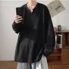 Camiseta Masculina com Textura, Decote V e Manga Longa, Marca Tendência Primavera e Outono, Top Casual Solto, Camada Base Estilosa e de Alta Qualidade
