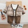 Conjunto Cardigan com Carcela de Outono para Bebê Menino, Roupas da Moda para Crianças, Roupas Bonitas de Primavera e Outono para Bebê, Conjunto de Três Peças para Menino