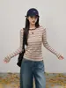 Top térmico listrado color block retrô de manga longa para mulheres, corte justo, macio e confortável, perfeito para usar em camadas na primavera e no outono