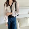 Cardigan Tricotado Real 2023 Manga Sino Solta Top de Contraste Estilo Francês Elegante Gola V Costura Chiffon Manga Longa