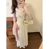Vestido camisola blanco estilo francés para la hora del té, con escote en V y estampado floral para mujer, vestido largo de verano dulce y elegante que ciñe la cintura