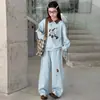 Conjunto de Pantalones Cargo Elegantes para Niñas con Bloques de Color, Nuevo Estilo de Primavera para Niños Mayores, Cuello Solapa, Estilo Universitario, Conjunto de Dos Piezas de Manga Larga, Moderno