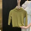 Ropa de primavera y otoño para niñas, tops de bebé elegantes, camisetas lisas de cuello alto estilo coreano de moda con bordes rizados