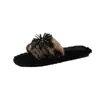 Zapatillas peludas de felpa con estampado de leopardo de moda para otoño e invierno para mujer, para usar en exteriores, zapatillas de fuegos artificiales, zapatillas de algodón con pedrería