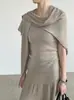 Conjunto de Duas Peças Taochuan Minimalista Emagrecedor Gola V Manga Curta Tricô + Lenço Triângulo Elegante YL101