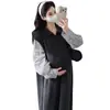 En Stock Vestido de Maternidad Otoño e Invierno Nuevo Cuello Polo Rayado Patchwork Dos Piezas Holgado Adelgazante Casual