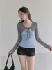 Camiseta de Manga Larga con Estilo Coreano, Color Contrastante, Lunares, Patchwork, Cordones, Cuello en V, Falso Dos Piezas para Mujer, Otoño Chic, Adelgazante, Top Versátil