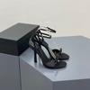 2023 Nuevo Verano Tacones Altos de Satén con Lazo Sandalias Sexy para Mujer con Pedrería Letra Tacón Fino Punta Abierta Rosa