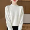 Suéter de punto liso 100% lana con patrón de siete puntos, cuello medio alto, manga raglán, color sólido, base gruesa para mujer