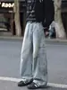 Jeans desconstruído estilo americano, com lavagem, corte curvo, para homens, calças casuais retas com vibe de verão, calças largas da moda