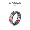 Anel Modian S925 Prata Esterlina Ouro Preto Retrô para Mulheres com Diamantes Coloridos Arco-Íris Combinando, Estilo Chique de Alta Qualidade
