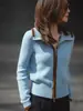 Top Azul Sólido de Manga Larga con Solapa y Cremallera para Mujer Otoño e Invierno 2025 Simple Holgado Casual Moda Cárdigan Súper Elegante
