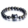 Pulseira de Contas Cabeça de Gato em Pedra Natural, Obsidiana Prateada, Pedra Olho de Tigre, Pedra Olho de Gato Rosa Branco, Pulseira da Sorte, Pulseira Cabeça de Gato em Cristal Rosa