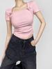 Camiseta de manga curta com laço de colarinho quadrado feminina 2024 verão novo doce e quente elegante plissado slim-fit emagrecimento blusa curta