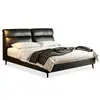 Quarto Principal Minimalista Estilo Italiano Cama de Couro, Cama de Casal de Couro Estofada Preta, Cama de Casamento com Pés Altos com um Toque de Luxo Leve e Acabamento de Alta Qualidade