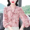 Elegante Blusa Chic de Gama Alta con Estampado Dorado y Mangas Largas, Nuevo Estilo Primavera/Verano 2026, Elegante y Versátil, Top de Gasa que Disimula el Vientre