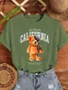 Camiseta Feminina Mecânica Urso Estampa de Letras da Califórnia Casual Solta Algodão Roupas de Rua Verão Xadrez Manga Curta