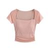 Camiseta de Manga Curta com Alças Finas e Patchwork de Malha Estilo Garota Sensualmente Quente, Sexy de Nicho com Decote Profundo, Justa, Franzida, Top Curto
