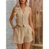 Conjunto de Chaleco y Shorts de Lino Estilo Europeo y Americano Transfronterizo para Primavera/Verano Casual de Oficina Chaleco de Botones Delanteros Cuello V Ropa de Verano