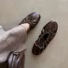 Zapatos Planos de Piel de Vaca Arrugada con Boca Baja para Mujer, Otoño Nuevo Piel Genuina Punta Redonda Moño Cómodos Suela Suave Zapatos de Abuela