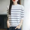 Nueva Colección Primavera Verano 2026 Camiseta de Punto Retro Rayada de Algodón Puro Cuello Redondo Prendas de Punto Versátiles de Algodón Puro Manga Corta para Mujer