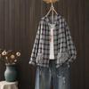 Outono 2025 Nova Estampa Xadrez Solta Gola Alta Cardigan Manga Longa Camisa Feminina Casual Jaqueta Pequena Atacado