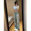 Jeans rasgados estilo americano para mujer, primavera/verano, para estatura petite y tallas grandes, de color claro, tiro alto, pantalones rectos de pierna ancha modernos desgastados