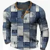 Camiseta de Manga Larga para Hombre de Comercio Exterior Europeo y Americano, Nueva, con Estampado 3D, Bloques de Color, Moda Casual, Camiseta con Botonera Frontal de 3 Botones