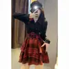 Saia de Bolo Xadrez Estilo Desejo Puro Tamanho Plus Ligeiramente Cheinha Conjunto de Duas Peças para Mulheres, Camisa Emagrecedora que Marca a Cintura Estilo College Jk