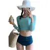 Maiô esportivo feminino de duas peças, color block, cintura alta, manga longa, proteção solar, simples, modelador, biquíni que revela a cintura, moda praia para mulheres