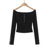 AP25077-25 Primavera Novo Estilo Europeu e Americano Gola com Botões Fileira Única Ombro a Ombro Manga Longa Casual Ultra-curta Camiseta