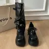 Botas Longas com Fivela Removível Sapatos de Couro Femininos 2026 Outono/Inverno Novo Solado Grosso Para Perna Calça Cavaleiro Salto Bloco Botas de Motocicleta