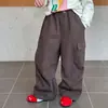 Pantalones Cargo de Pierna Ancha de Algodón Lavado para Niñas, Pantalones de Paracaidista Plisados para Niños, Pantalones Casuales de Algodón Lavado con Bolsillos y Estilo Patchwork