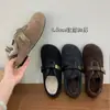 Versão de Lã Macia~Sapatos Birkenstock de Lã com Solado Grosso e Forro de Fleece para Mulheres, Sapatos de Algodão Quente para Outono e Inverno Cinza, Sapatos Mary Jane Peludos de Solado Plano