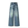Calça jeans longa de lavagem vintage, com bolso irregular de design único para mulheres, modelagem solta e que afina a silhueta, calça de comprimento total, disponível para dropshipping