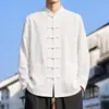 Camisa Masculina Gola Alta Botão de Rã Manga Longa Estilo Chinês Outono Primavera Nova Retro Chinês Cor Sólida Casual Camisa Base Masculina