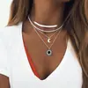 Collar con colgante de turquesa redonda y sol, joyería transfronteriza europea y americana, collar de aleación multicapa vintage con luna, venta al por mayor en Amazon